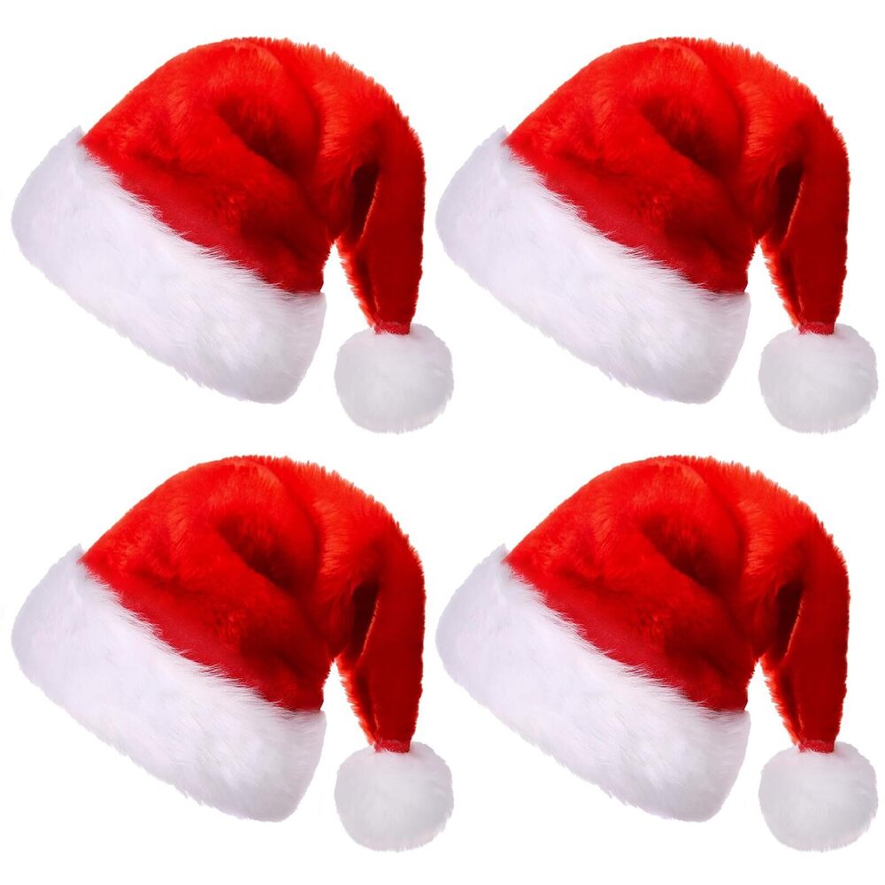 5984 4 Pack Plush Santa Hat, Christmas Hats for Adults Classic Red Xmas
